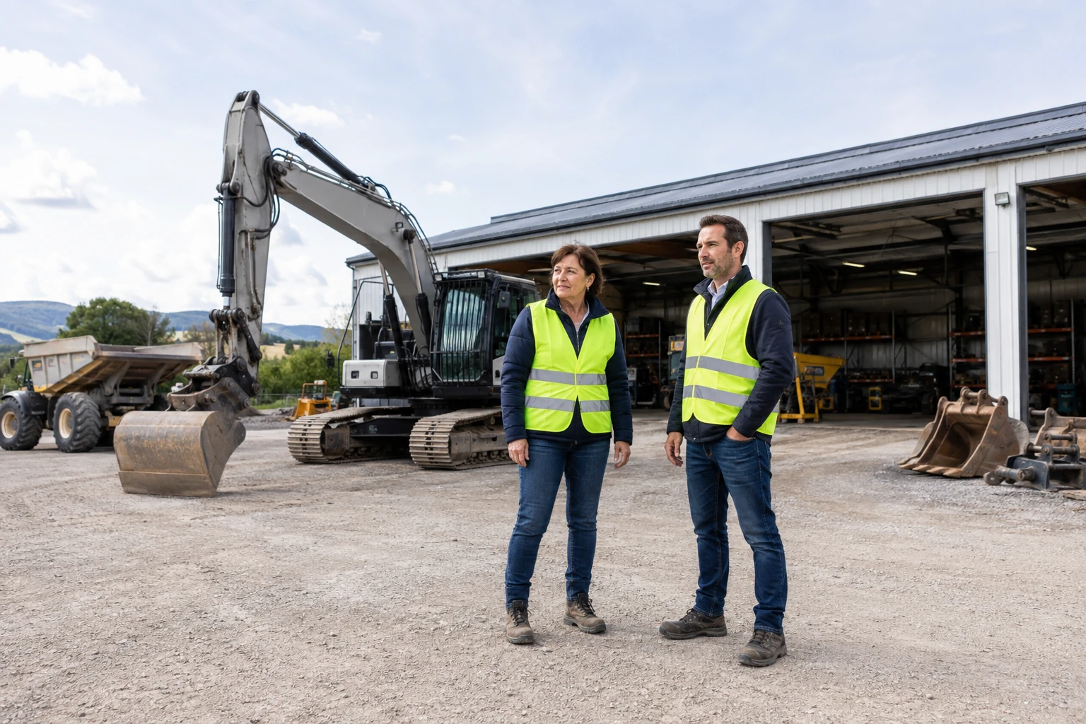 Betriebsinhaberin und Kaufinteressent besichtigen ein helles Depot mit Kettenbagger, Baustellenkipper und Werkstatt